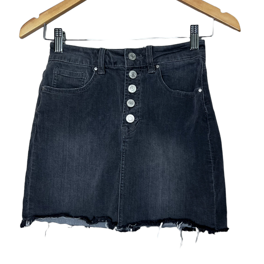 Pacsun Size‎ 23 Denim Button Down Skirt Pockets Bohemian Raw Hem Black Washed